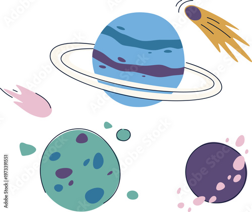 Colorful depiction of celestial bodies including a gas giant with rings and moons