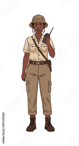 Young Black woman in safari outfit using walkie-talkie outdoors  