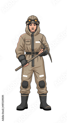 Young male miner wearing protective gear and holding a pickaxe  