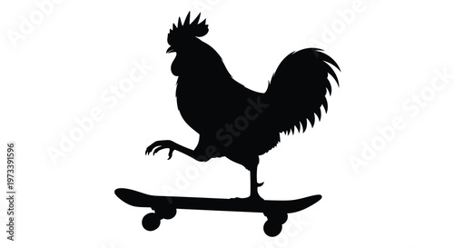A black rooster confidently rides a skateboard a quirky animal silhouette