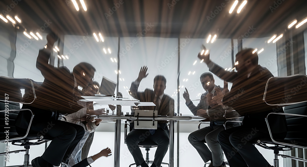Fototapeta premium Business people meeting with hands raised and reflective table surface, showing blurred motion and bright overhead lighting