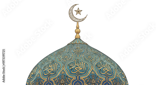 Islamic mosque dome with crescent moon and star finial, intricate arabesque patterns
