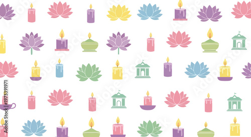 Colorful flat lay of various candles and flower icons on a white background with a vibrant and festive mood.