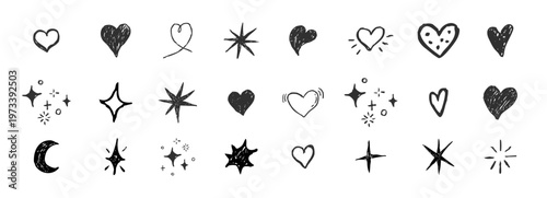 Crayon set heart, star, moon simple bright free hand icons doodle elements. Pastel childlike cute decoration. Scribble ink grunge heart shapes
