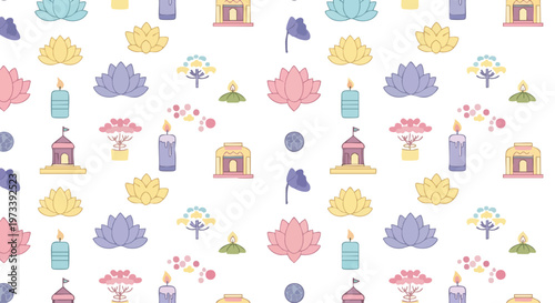 Colorful flat lay of various yoga and meditation icons and objects on a white background with pastel hues and a serene mood.