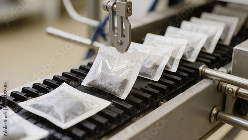 Tea bags and sachets on conveyor belt of packaging machine. Focus on automated production, packing process, assembly line operation, and industrial tea bag manufacturing