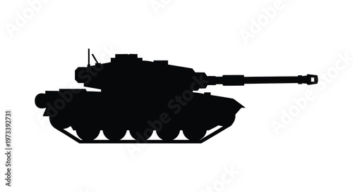 A stark black silhouette of a modern military tank powerfully rendered silhouette