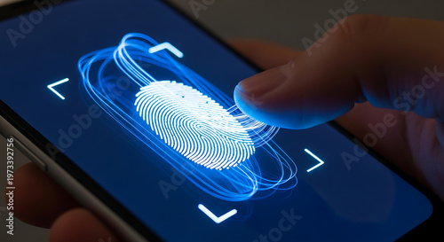 Fingerprint scanner on smartphone screen featuring a glowing blue fingerprint for biometric security and data privacy