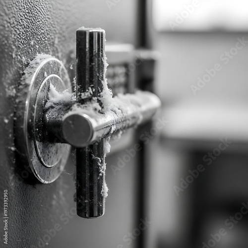 Safe handle, black and white close-up of a metal turning mechanism on a vault or strongbox, covered with frost or ice crystals