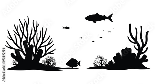 Black silhouette of underwater scene with coral fish and sea life silhouette