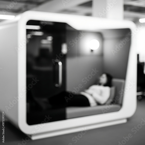 Woman modern office sleep pod in black and white, blurred and out of focus, showing quiet space for rest or work in an open office