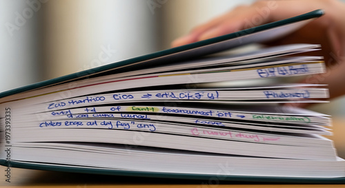 Book opened notebook with a person's hand flipping through the page, showing scribbled colorful writing and notes.