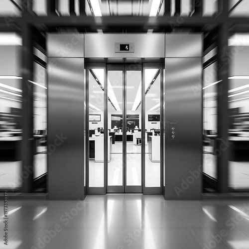 Elevator modern chrome doors opening into a brightly lit, sterile office environment with motion blur effects on the side.