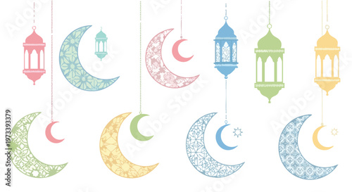 Colorful crescent moons and lanterns hanging against a white background with a festive and celebratory mood.