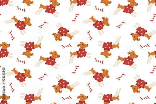 Cute seamless Christmas pattern with dogs in sweaters, candy cane bones and festive decorations, winter holiday background for wrapping paper and fabric design