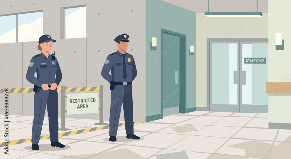 Fototapeta premium Security Guards Standing Duty in Front of Restricted Area and Staff Only Entrance in Modern Building Interior, Professional Law Enforcement and Safety Monitoring Service Concept