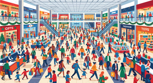 Crowded Modern Shopping Mall Interior with People Carrying Bags, Retail Stores, Fashion Boutiques, Toy Shops, and Escalators in a Busy Commercial Center Flat Vector Illustration