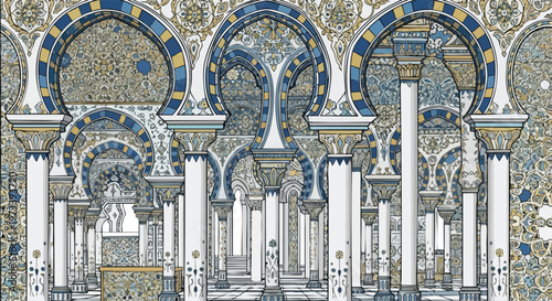 Intricate Islamic architectural details with white columns and blue and gold mosaic patterns in a large ornate interior space.