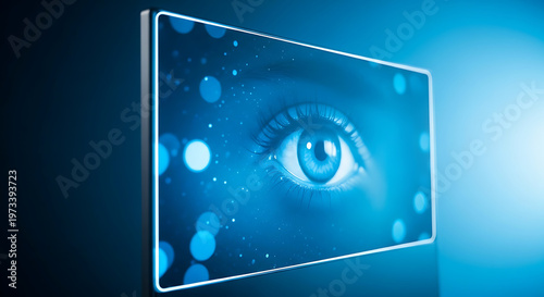Eye blue with digital screen effect and bokeh lights creating an immersive virtual reality or augmented reality experience