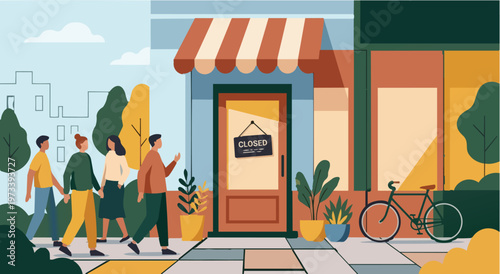 A woman walking past a shop in the city on a calm morning street but closed