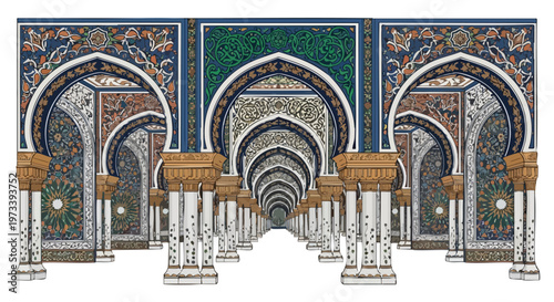 Intricate mosaic archways and columns in a symmetrical arrangement with ornate tile work in shades of blue green and gold on a white background.