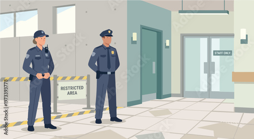 Security Guards Standing Duty in Front of Restricted Area and Staff Only Entrance in Modern Building Interior, Professional Law Enforcement and Safety Monitoring Service Concept