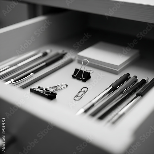 Organizer drawer with various office supplies, including pens, paper clips, and binder clips, in a neat and tidy arrangement for productivity