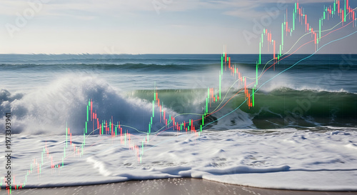 Ocean waves crashing on a sandy beach below a clear horizon with a superimposed overlay of financial stock market charts and candlestick graphs
