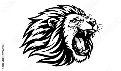Geometric roaring lion head black white vector logo