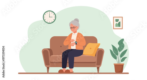 Elderly woman sitting on sofa, checking smartwatch, indoor scene with clock and plant