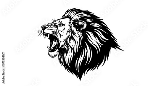 Fierce roaring lion head bold black white vector logo