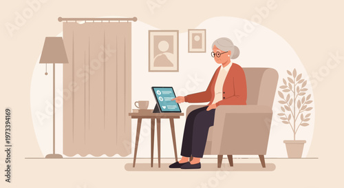 Elderly woman using a tablet computer while sitting in an armchair at home