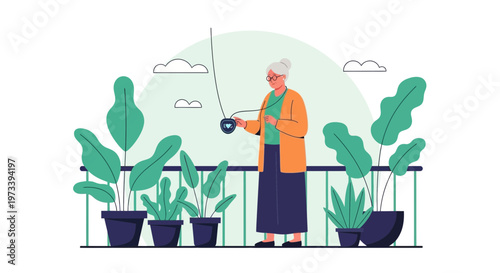 Elderly Woman Tending Plants on Balcony, Enjoying Hobby and Nature