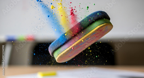 Chalkboard eraser in mid-air with colorful vibrant powder exploding outwards, symbolizing creativity and education in motion.