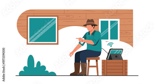 Farmer using tablet with wifi, smart farming technology, rural lifestyle