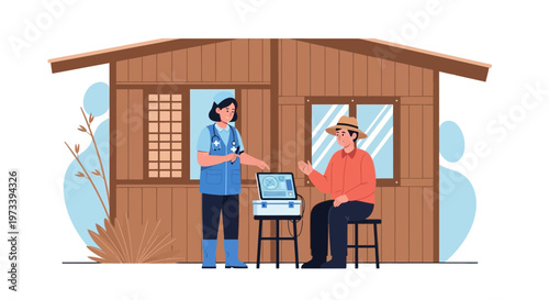 Healthcare worker checks patient's vitals outside rural clinic in developing country