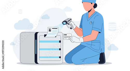 Healthcare professional scanning medical documents and patient ID with scanner and printer