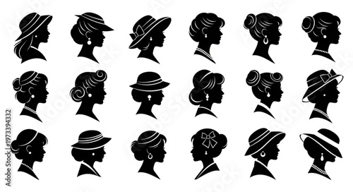 Elegant Silhouette Portraits of Women in Vintage Hats and Hairstyles.