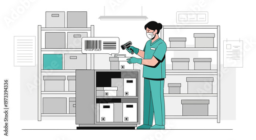 Healthcare worker scanning medical supplies in a warehouse with barcode scanner