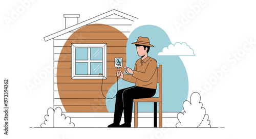 Man in Hat Sitting Outside House Using Digital Device for Measurement
