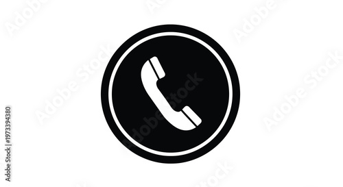 A simple black circle contains a white telephone handset a bold silhouette