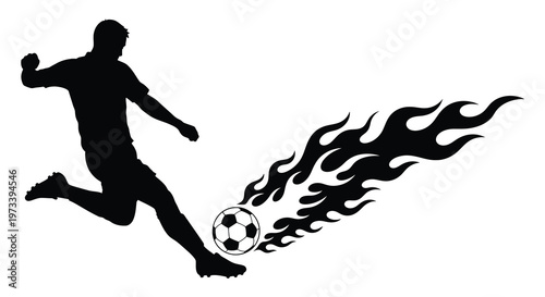A dynamic soccer player kicks a ball with fiery trails a striking silhouette