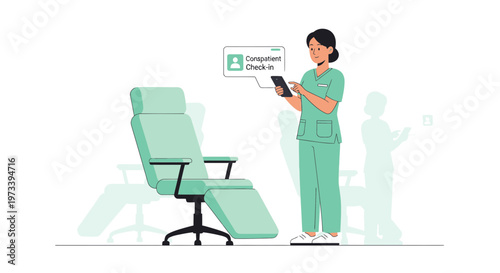 Nurse using tablet for patient check-in at dental chair, modern healthcare technology concept
