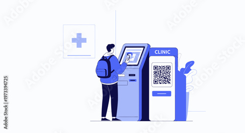 Patient using self-service kiosk for clinic check-in and QR code scanning