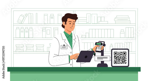 Pharmacist scanning QR code at pharmacy counter with tablet and scanner