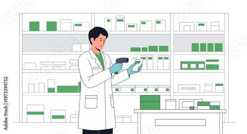 Pharmacist scanning medication with barcode scanner in modern pharmacy interior