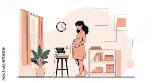 Pregnant Woman Monitoring Fetal Heartbeat at Home with Medical Device