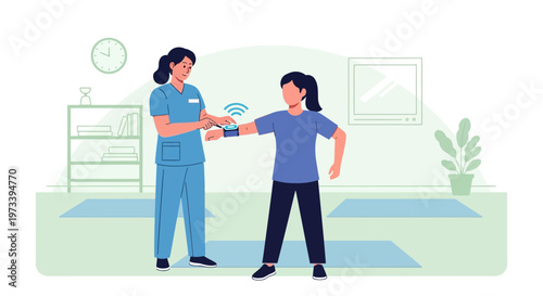 Physical therapist applying wearable sensor to patient for rehabilitation and fitness tracking