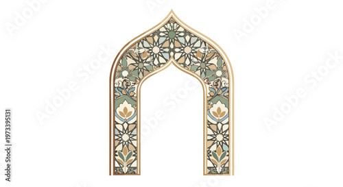Intricately designed archway with floral patterns in shades of blue, gold, and white against a plain white background.