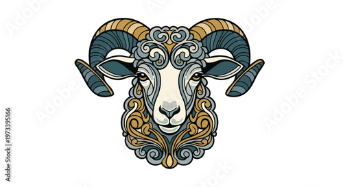 Illustration of a ram's head with ornate, swirling patterns in shades of blue and gold on a white background.